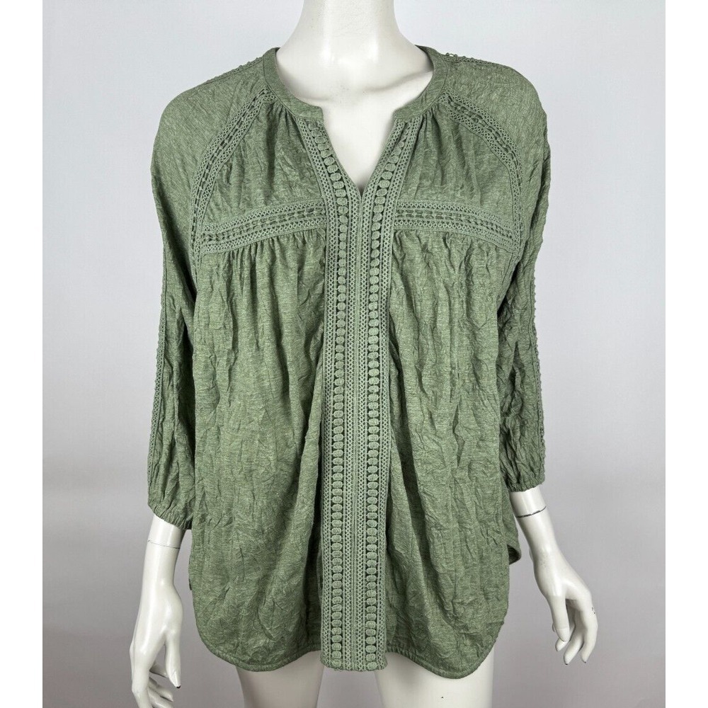 Sundance Lace Crinkle Top Women XL EUC 3/4 Sleeve Stretch Blouse Shirt Pullover